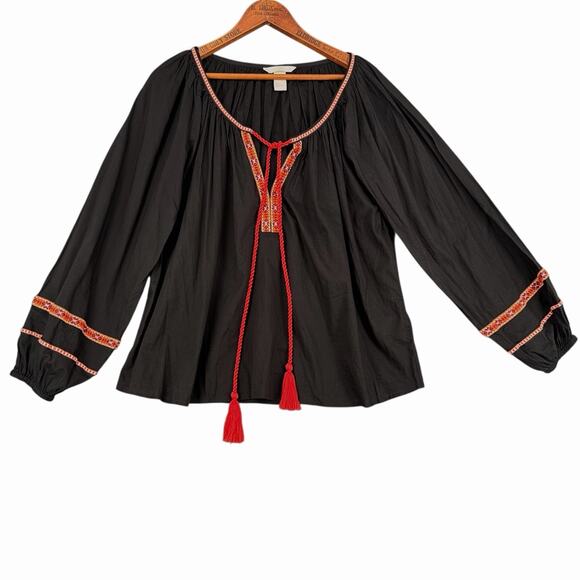 H&M Embroidered Peasant Blouse Black Womens Sz 6 Boho Tassel Top - Picture 1 of 8